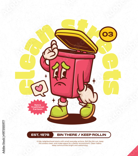 Trash Can Trendy Retro Cartoon Vector Hand Drawn 3