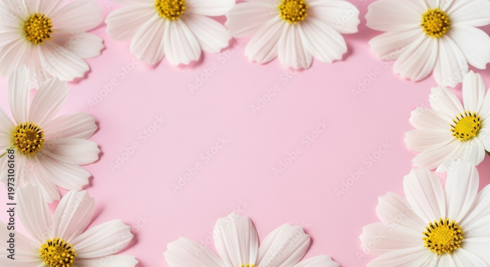 Obraz premium A beautiful floral border of white daisies on a pink background on transparent background