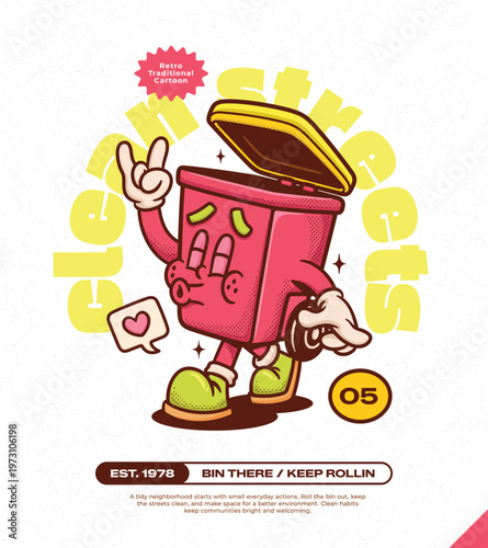 Trash Can Trendy Retro Cartoon Vector Hand Drawn 5