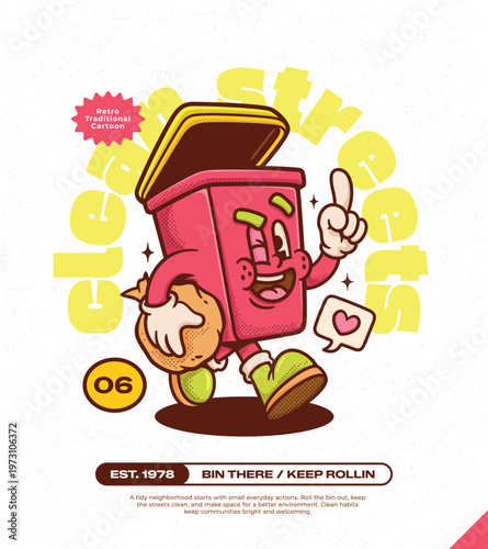 Trash Can Trendy Retro Cartoon Vector Hand Drawn 6