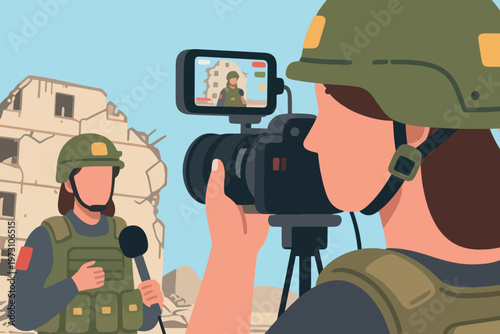 War zone reporter in protective gear with microphone and cameraman filming destroyed building, stylized vector illustration.