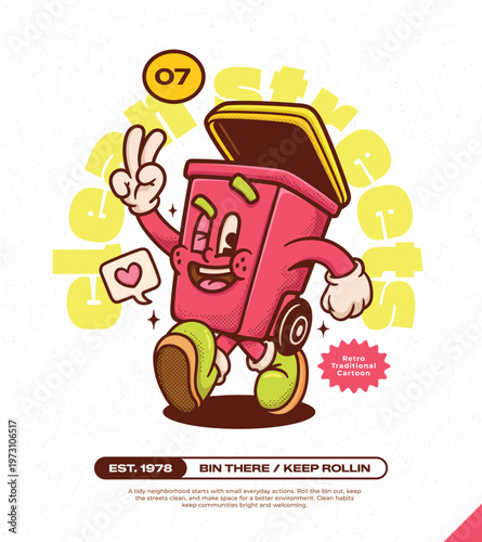 Trash Can Trendy Retro Cartoon Vector Hand Drawn 7