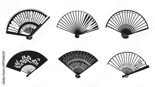 Six different detailed folding fans in various orientations are presented in black silhouette