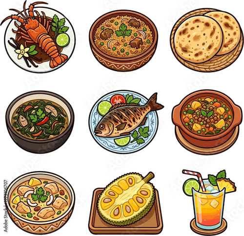 Set of tropical food and exotic dishes including lobster curry and jackfruit vector illustration