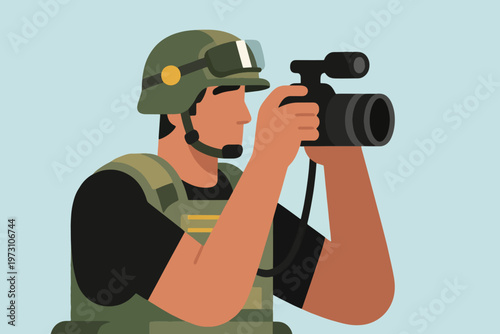 Combat journalist in green helmet and tactical vest recording with video camera, stylized vector illustration.