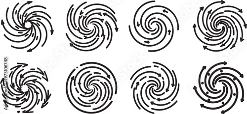 Spiral patterns with arrows showing clockwise and counterclockwise directions Vector