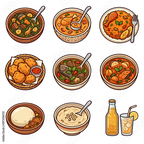 Set of West African cuisine dishes and drinks cartoon illustration isolated on white