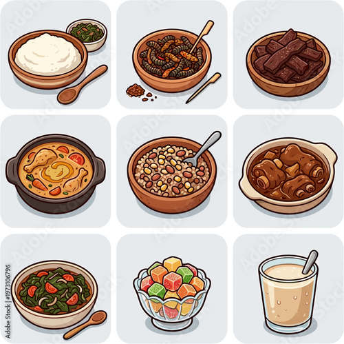 Traditional African food dishes collection including pap and mopane worms vector illustration