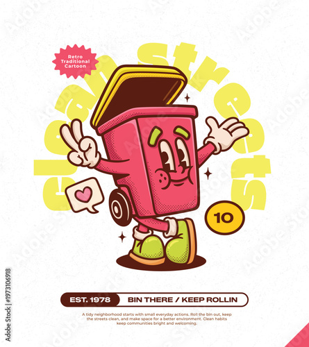 Trash Can Trendy Retro Cartoon Vector Hand Drawn 10