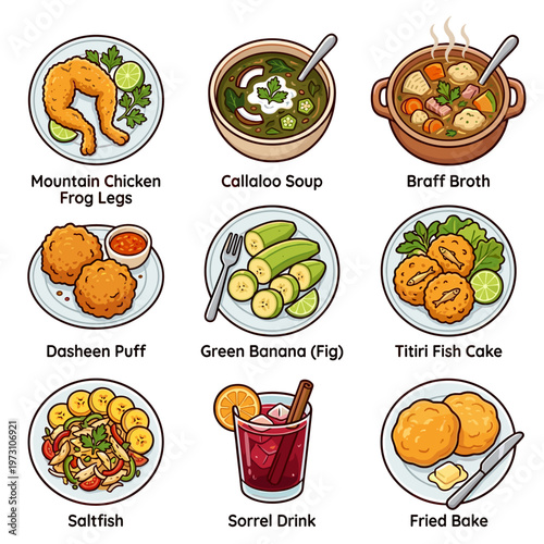 Traditional Caribbean and Dominican cuisine dishes collection vector illustration isolated on white