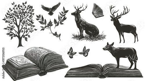 A collection of black and white illustrations featuring wildlife, foliage, and open books