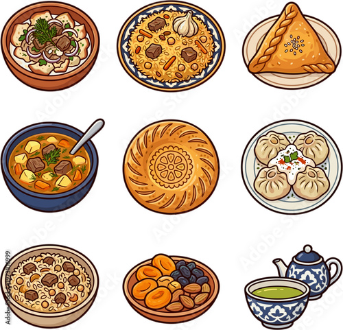 Traditional Central Asian Uzbek cuisine dishes collection isolated on white background vector illustration