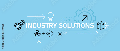 Industry solutions and manufacturing process banner with icons gears puzzle pieces technical problem solving production efficiency smart industrial innovation