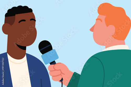 Two people in interview scene with microphone, green and blue jackets, light blue background, stylized vector illustration.