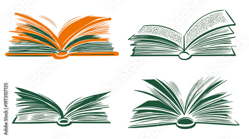 A collection of various open books in multiple styles and colors