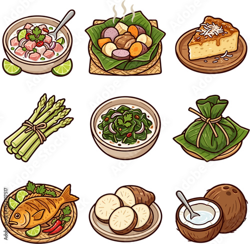 Traditional Pacific Island and tropical food dishes collection vector illustration