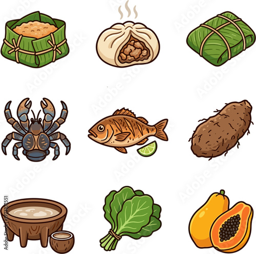 Traditional Pacific Island cuisine icons including coconut crab taro and kava vector illustration