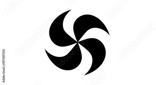 Black curved elements arranged in a circular, rotating pattern on a white background