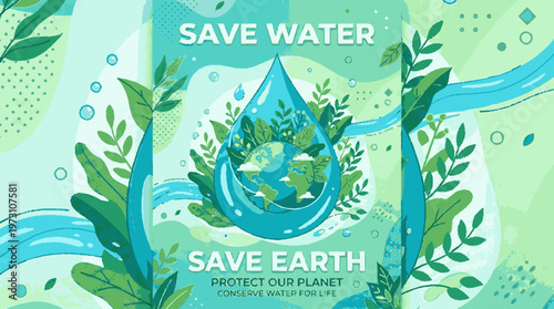A vibrant vector illustration featuring a water droplet with a green leafy planet inside, surrounded by flowing water and greenery, promoting the message of saving water and protecting the Earth
