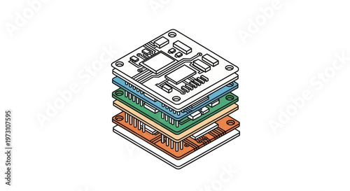 Exploded view of a layered electronic device showing circuit boards and components