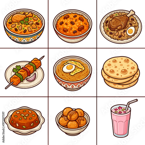 Traditional Pakistani and Indian food icons set in cartoon vector illustration style