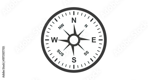 A black and white graphic of a compass, showing cardinal directions and intermediate points