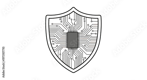 A stylized shield with a circuit board and chip inside