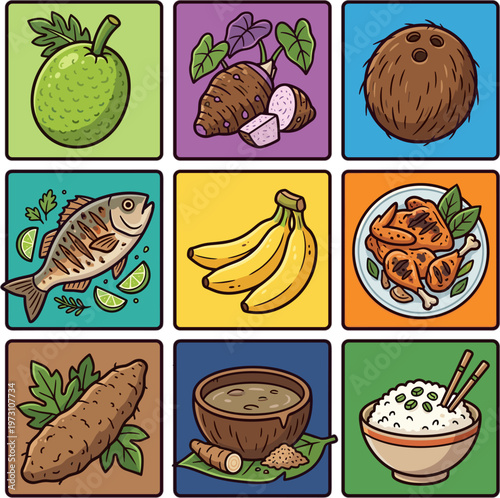 Traditional Polynesian and Pacific Island food icons in a grid vector illustration