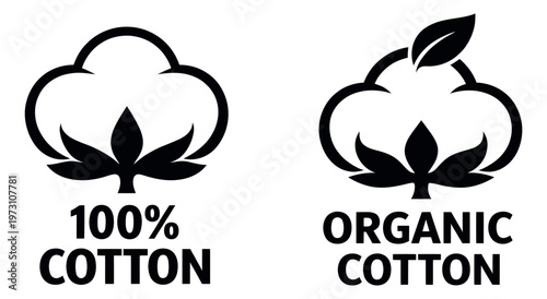 Simple graphic cotton icon set featuring 100 and organic labels for textile product certification