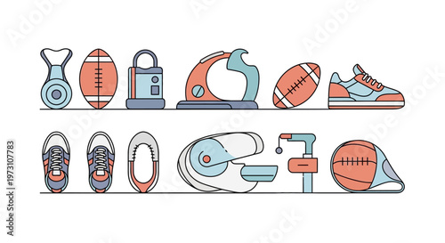 Various sports equipment and shoes icons are lined up in a neat organized fashion for illustration purposes.