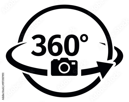Graphic illustration of a 360 degree camera icon depicting an immersive perspective for virtual photography