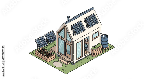 Sustainable dwelling featuring solar panels and a rainwater harvesting system promoting eco-friendly living and resource conservation for a greener