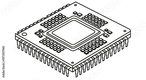 Isometric view of a modern processor chip with multiple pins and textured surface