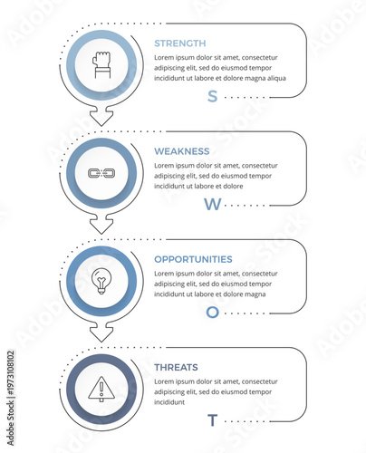 SWOT diagram with four vertical stages, infographic template