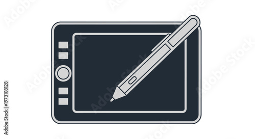 A graphic design drawing tablet with a stylus is placed on a flat surface for creative work.