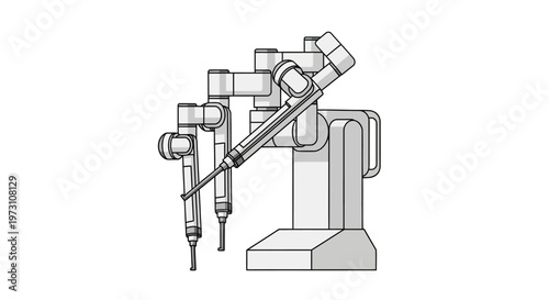 The robotic arm is performing an operation with a drill on a workpiece in an industrial setting with machinery and equipment.