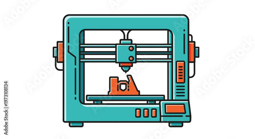 A 3D printer creates an object in a modern factory setting with industrial technology and machinery.