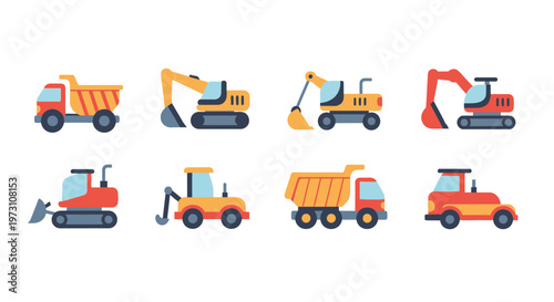 Heavy machinery vehicles including excavators and dump trucks on display