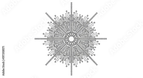 Intricate, symmetrical digital circuit board pattern resembling a snowflake on white