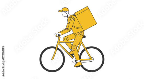 A delivery person riding a bicycle through the city streets with a large box on their back wearing a uniform and cap.