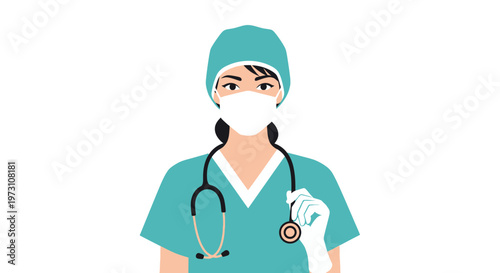 A female doctor wearing a white face mask, teal scrubs, and a stethoscope stands confidently in a hospital environment, exuding professionalism and care, with a focused expression on her face.