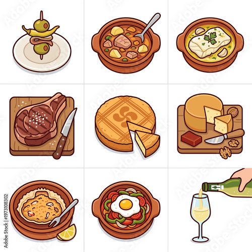 Basque traditional cuisine food icons collection including tapas and wine vector illustration