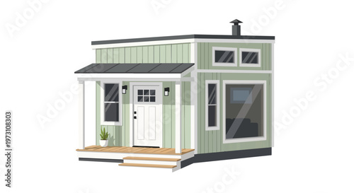 A charming contemporary tiny house design with a welcoming porch and large windows, showcasing minimalist architecture and efficient living.