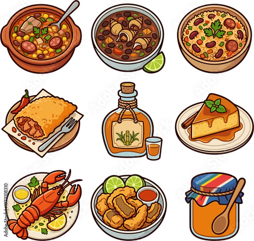 Brazilian and Caribbean traditional cuisine dishes set isolated on white vector illustration