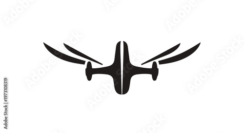Stylized black silhouette of an airplane with swept wings and propellers