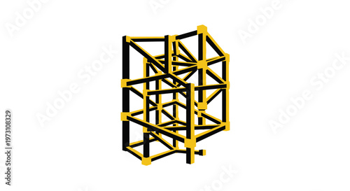 A futuristic metal structure stands alone in an open space with a complex geometric design comprising interconnected yellow and black lines and nodes forming a sturdy framework.