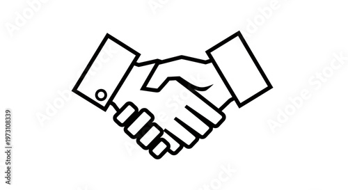 A stylized black and white line drawing of two hands shaking, symbolizing agreement