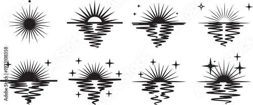 Symmetrical circular patterns with radial lines and decorative elements Vector