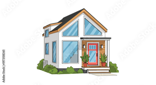 Modern Tiny House Design with Large Triangular Windows and Red Door