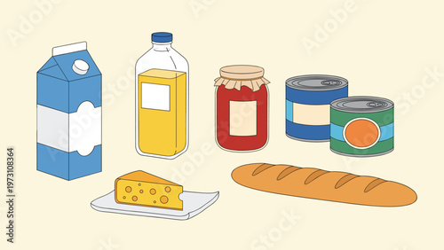 Assortment of basic grocery items including a milk carton, bottle of cooking oil, jam jar, canned goods, a wedge of cheese, and a baguette.